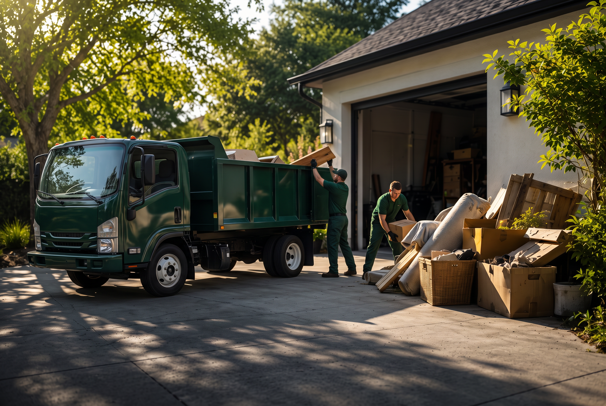 MACH Valley crew loading household junk into a green dump truck in a driveway